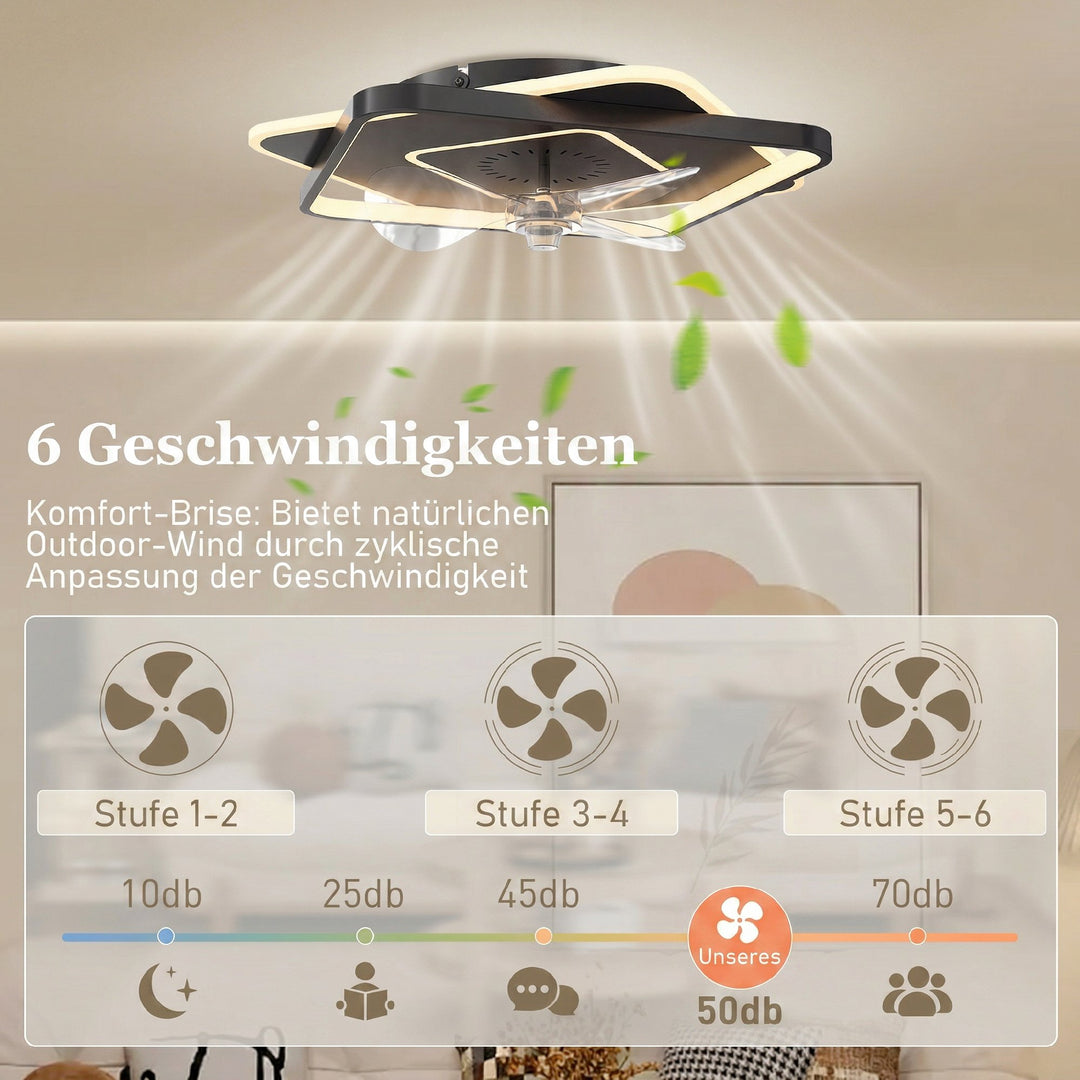 Loftventilator med lys og fjernbetjening, LED-loftventilator med 6 hastigheder, 3 farvetemperaturer