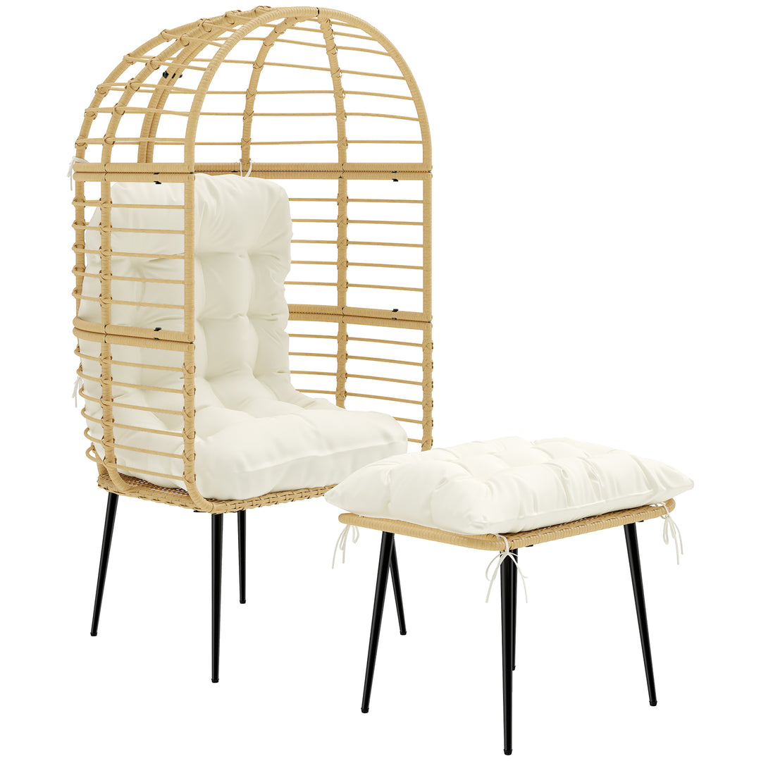 Havestol med fodskammel, ægformet fletstol i PE-rattan med lange og tykke hynder, metalstel, beige