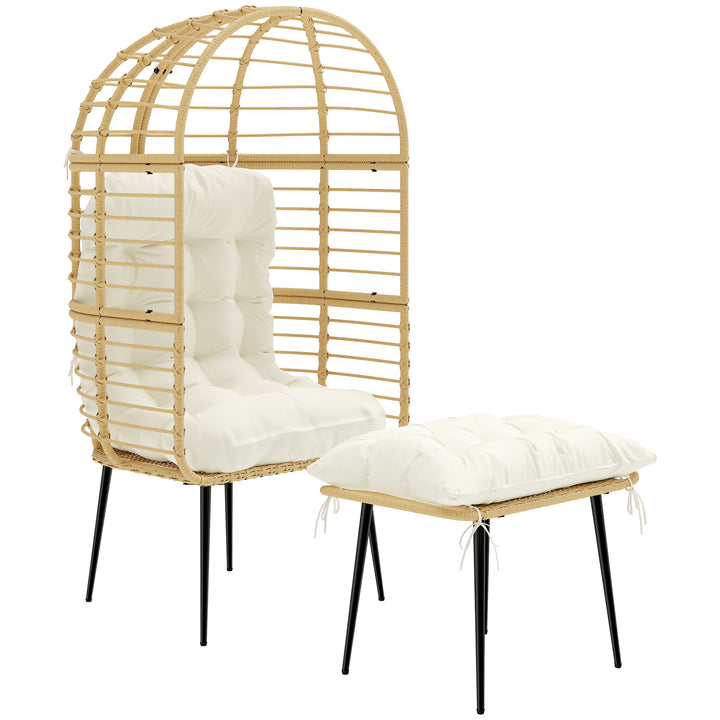 Havestol med fodskammel, ægformet fletstol i PE-rattan med lange og tykke hynder, metalstel, beige