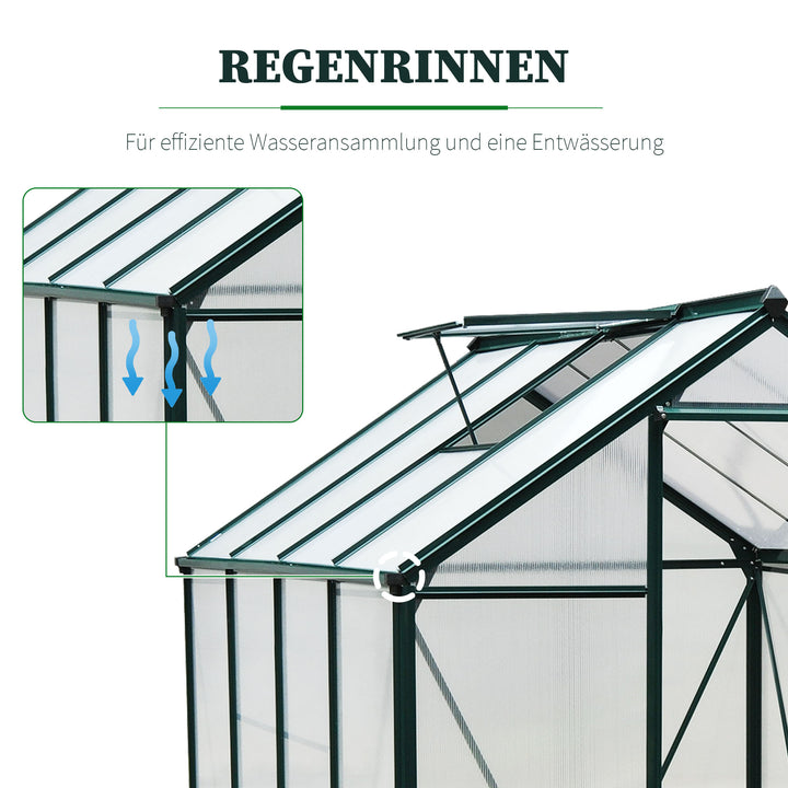 Drivhus, med tagvindue, skydedør, transparent, polycarbonat+aluminium, 190 x 252 x 201 cm