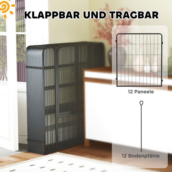Hvalpekravlegård, sæt med 12 dele, med 12 netpaneler, dør, jordpløkker, fleksibelt foldbart design og 100 cm højt beskyttelsesovertræk.