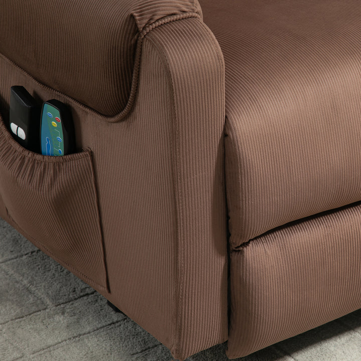 Tv-stol med elektrisk hæve-sænke, massagestol med lænefunktion og varmefunktion, afslapningsstol med fjernbetjening og sidelomme, justerbart polyesterstof, brun