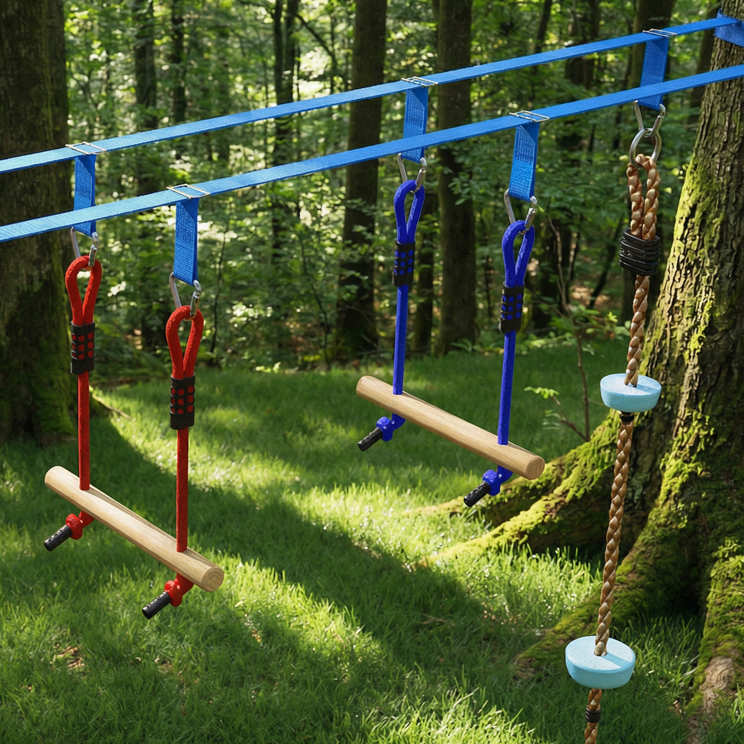 Ninja Line Kids 24m Slackline-sæt med gymnastikringe, 7 forhindringer, klatrestang og balancebro til alderen 3-6
