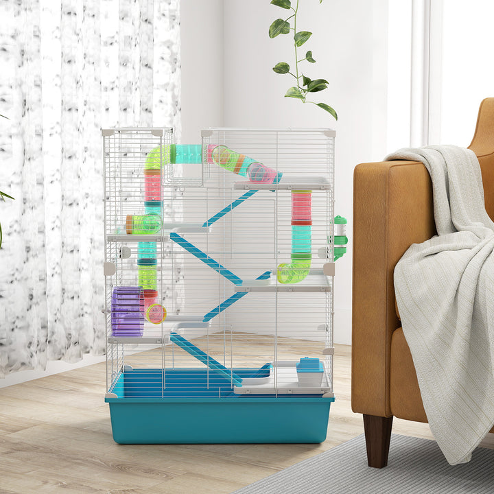 6-Etagers hamsterbur med rør, tunneler, bur, træningshjul, madskål, vandflaske, ramper, lyseblå