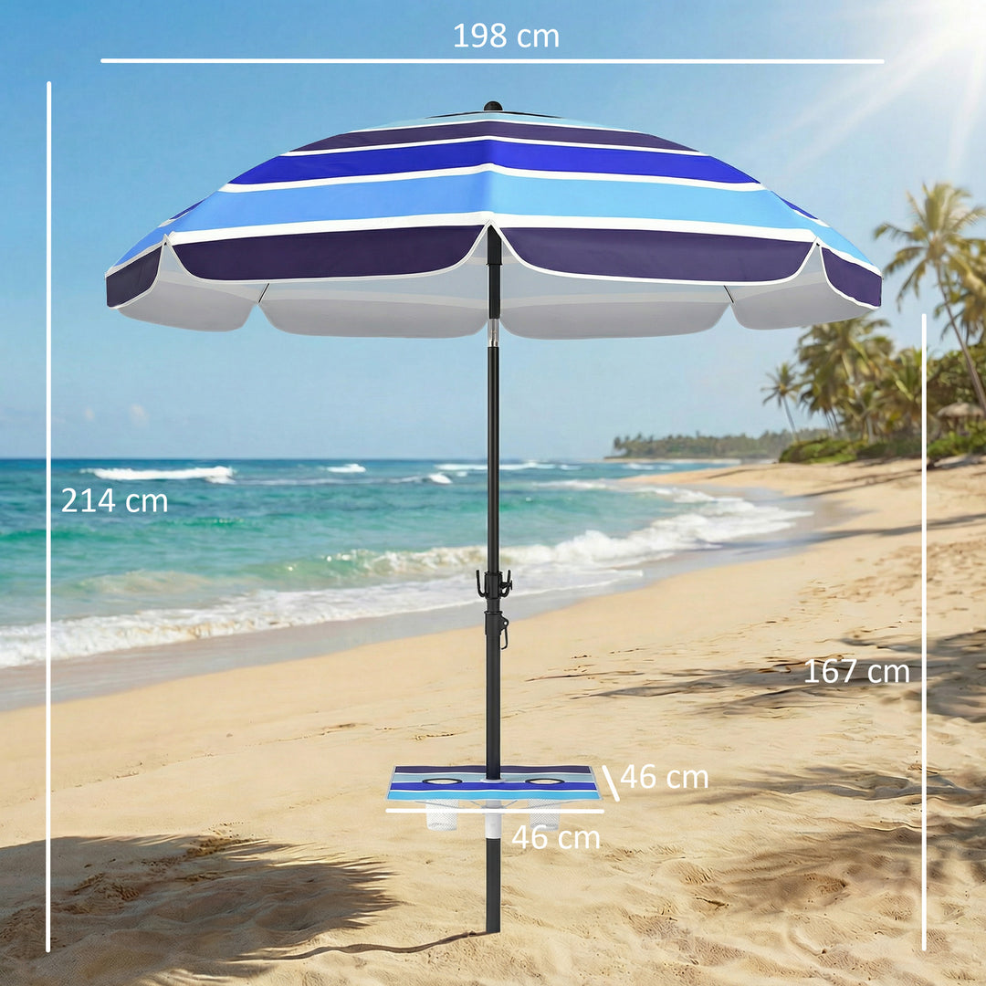 Strandparasol Ø198 cm UV30+ Strandparasol med foldbart bord, kopholder, justerbar hældning, flerfarvet