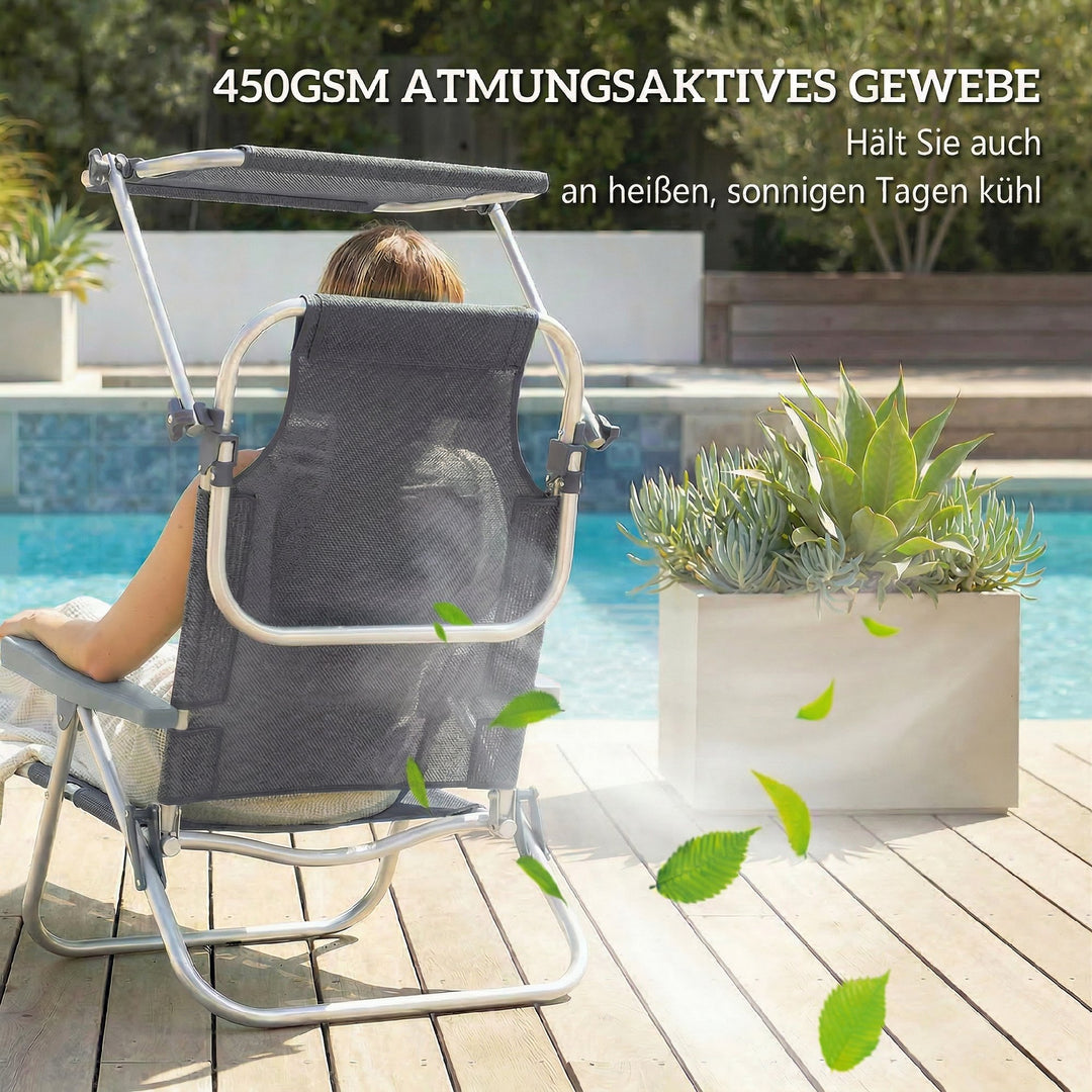 Sammenklappelig liggestol, havestol med nakkestøtte, justerbar baldakin, justerbar ryglæn med 6 positioner, 62 x 68 x 79 cm, mørkegrå