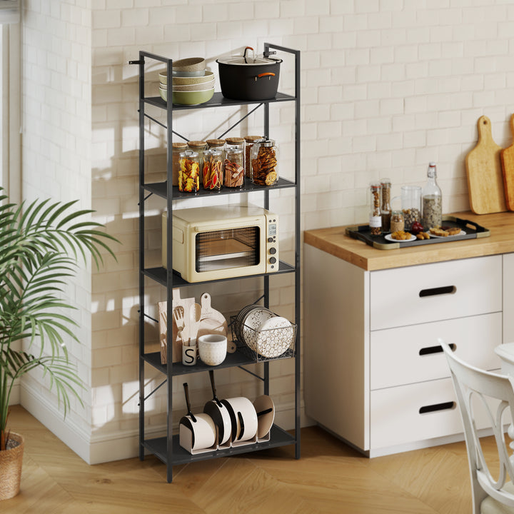 Bogreol, fritstående hylde med 5 hylder, industriel kontorreol med metalramme, åben opbevaringsreol til stue, kontor, arbejdsværelse, 60x30x170,5 cm, sort