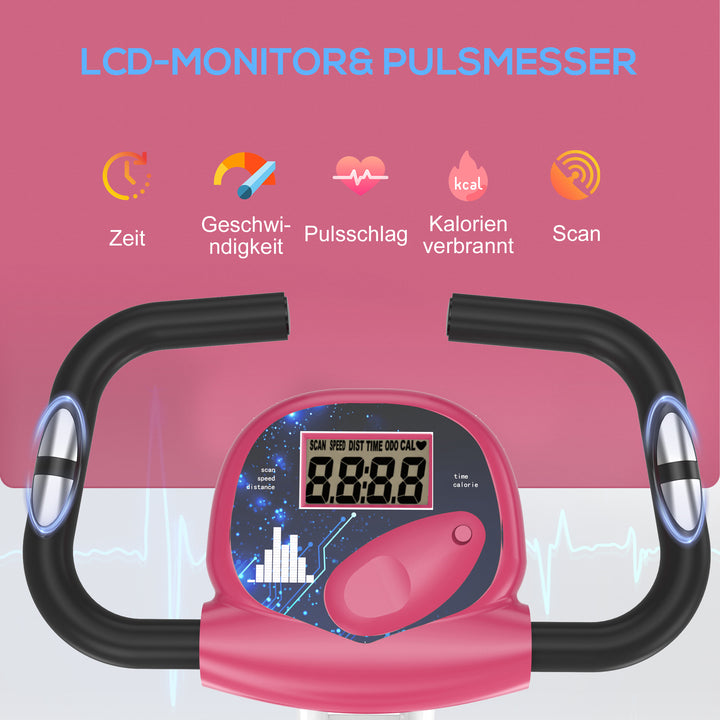 Motionscykel sammenklappelig magnetisk hjemmetræner med lcd-skærm, 8 niveauer justerbar magnetisk modstand, pladsbesparende fitnesscykler til hjemmet pink+hvid