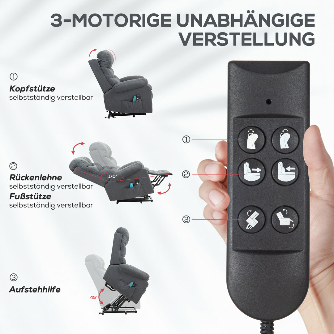 Elektrisk lænestol med massagefunktion, polstret stol med ståfunktion, metal, stof, grå