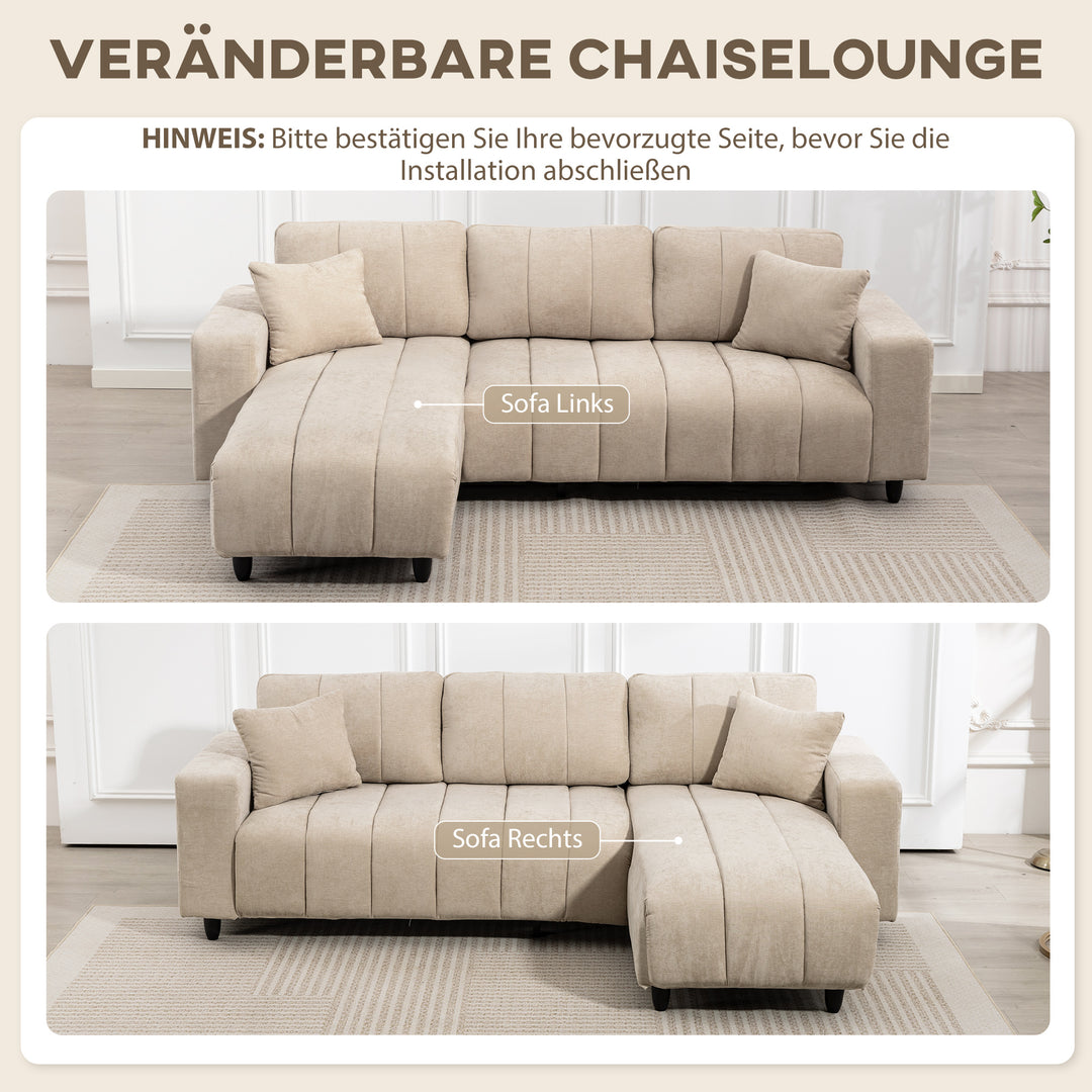 Hjørnesofa, vendbar chaiselong, hynder, 242 x 156 x 87 cm, beige