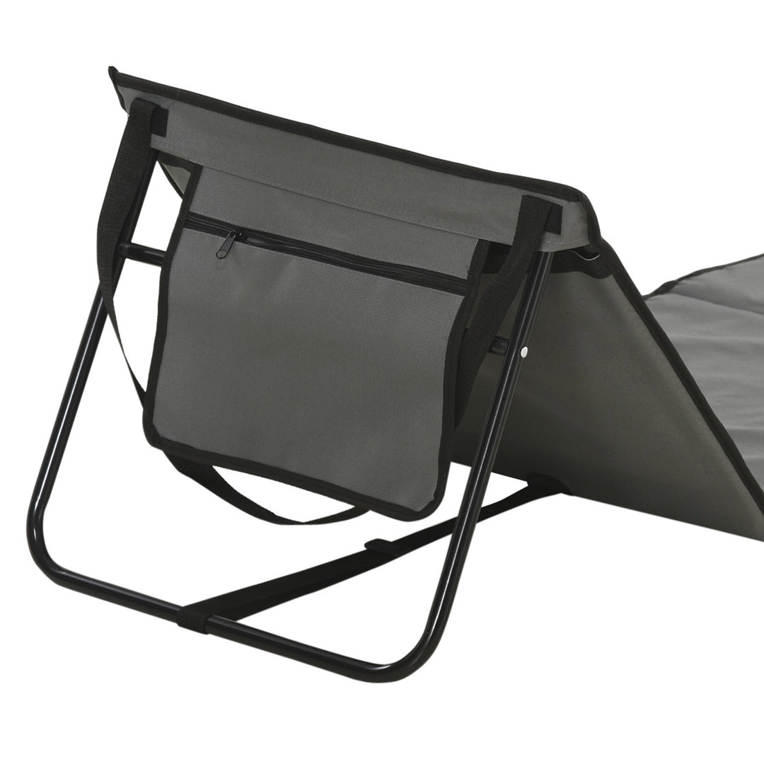 Sammenklappelig strandstol med justerbar ryglæn, sidelomme, blød polstring, stålramme, grå, 142x51x40cm