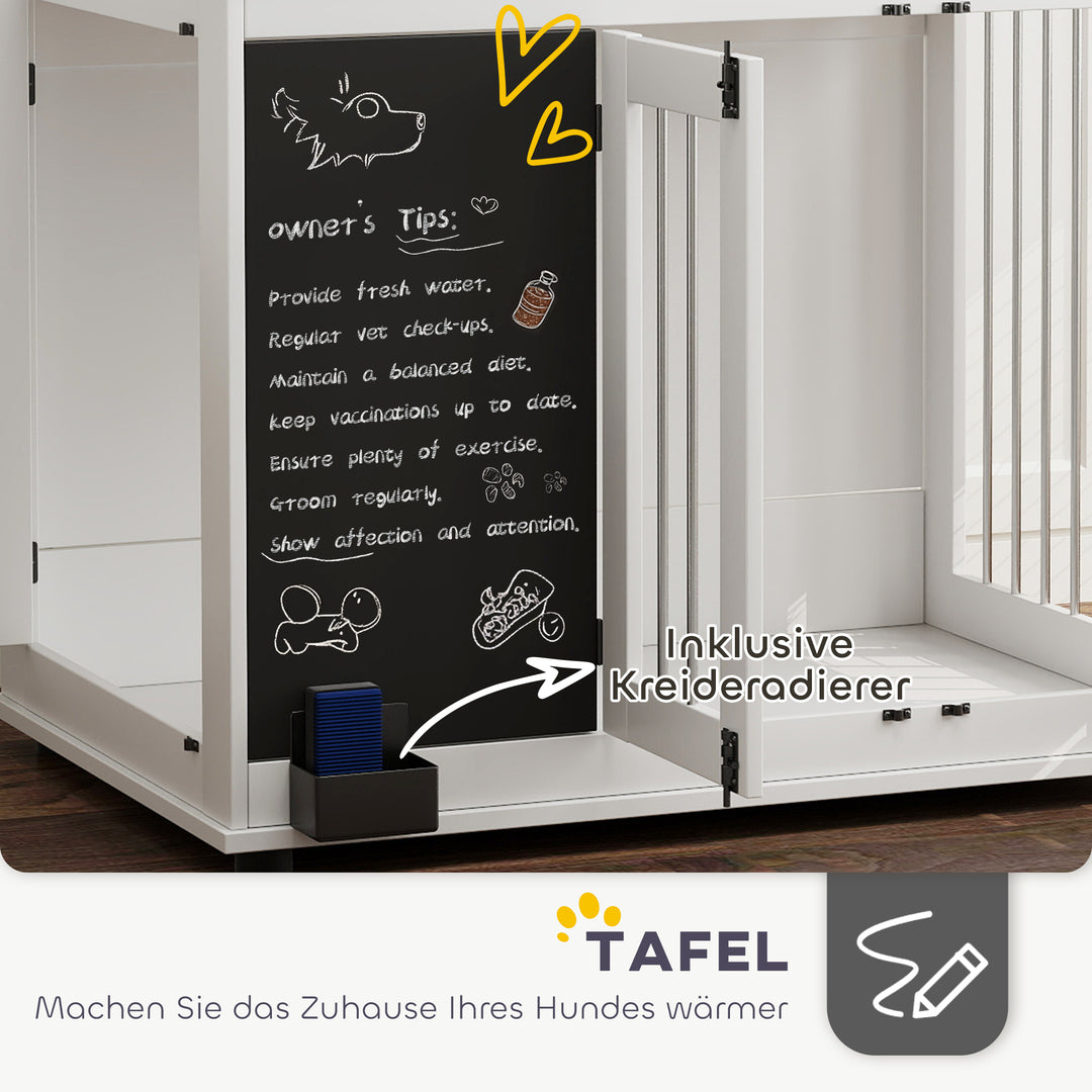 Hundebur med legetøjsopbevaringshylde, snorkrog, skrivetavle, viskelæder, til store hunde, hvid