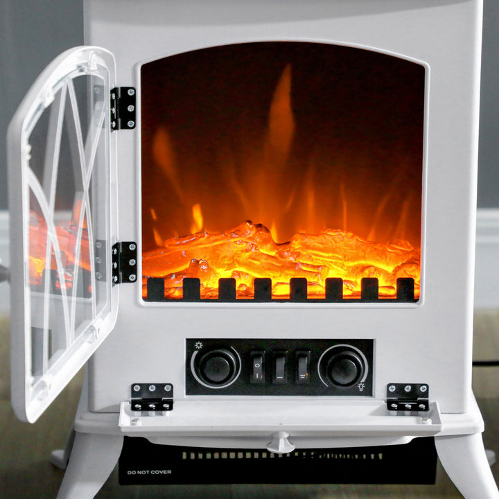 Elektrisk pejs med varmelegeme, LED-flammeeffekt, 1000/2000W, hvid
