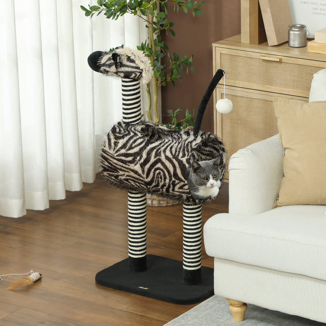 Zebra-design kradsetræ med 1 kattetunnel og 3 kradsetræer, 48,5 cm x 35 cm x 93 cm, sort + hvid