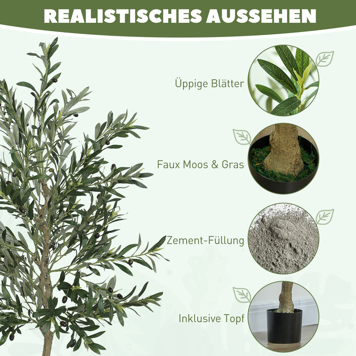 Kunstigt oliventræ, 180 cm, 900 blade, 40 oliven, robust urtepotte, dekorativ plante, grøn