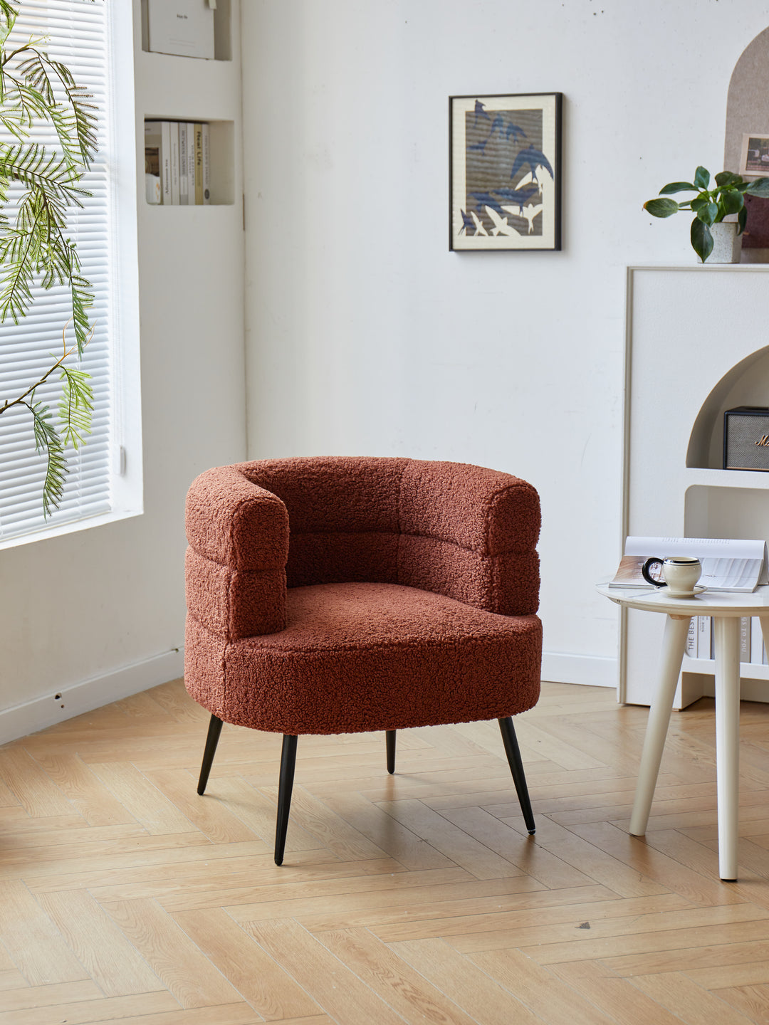 KORGEN Bouclé loungestol i metal og terracotta