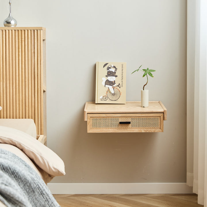 PITEA Natbord med 1 skuffe i træ og naturlig rattan