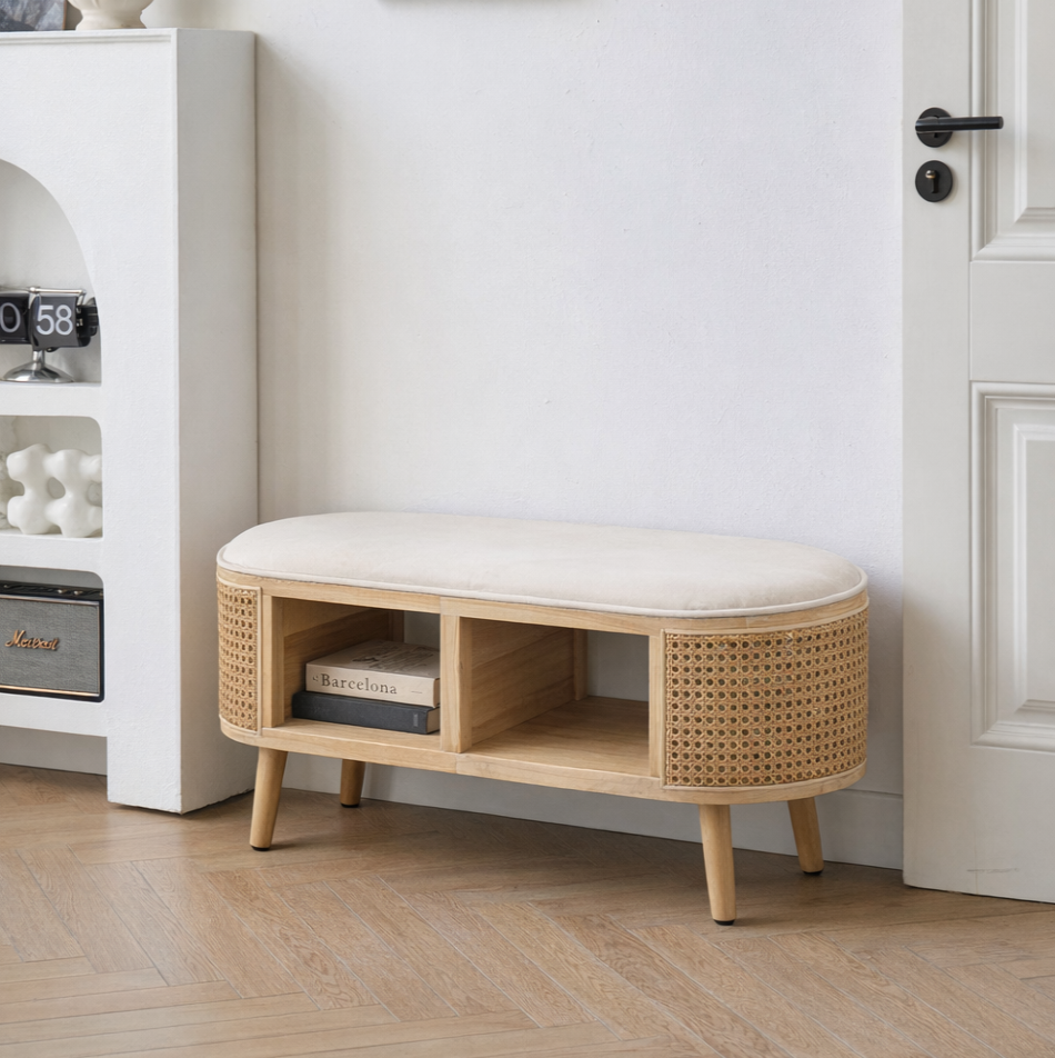 ISUMI Opbevaringsbænk i beige fløjl og rattan