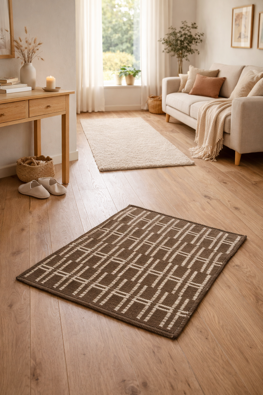 SKOVDE Rektangulært bomuldstæppe med brune og beige mønstre 90 x 60 cm