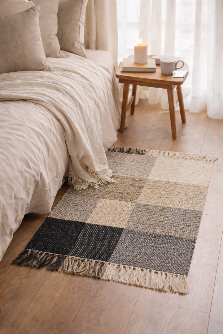 REISA Rektangulært bomuldstæppe med sorte og beige mønstre 90 x 60 cm