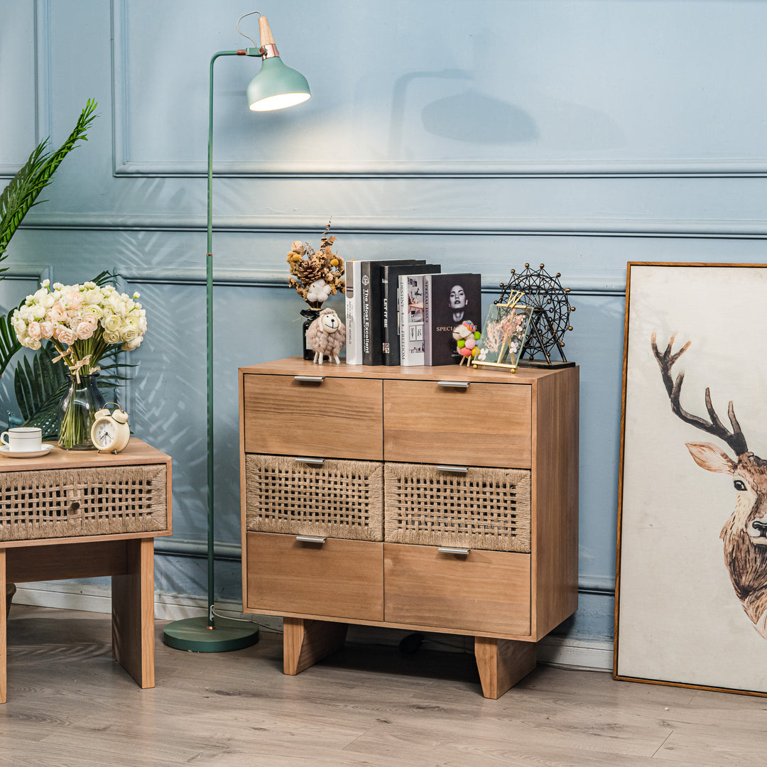 MALAGA kommode med 3 skuffer i træ og naturlig rattan