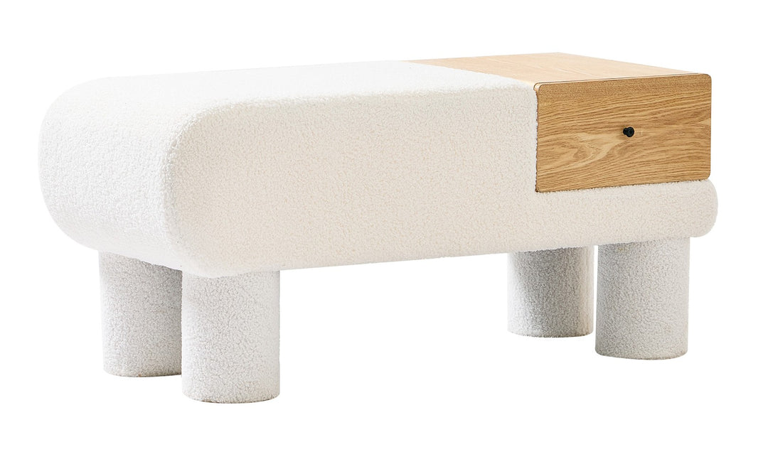VADSO bænk med skuffe – hvid bouclé og skandinavisk design