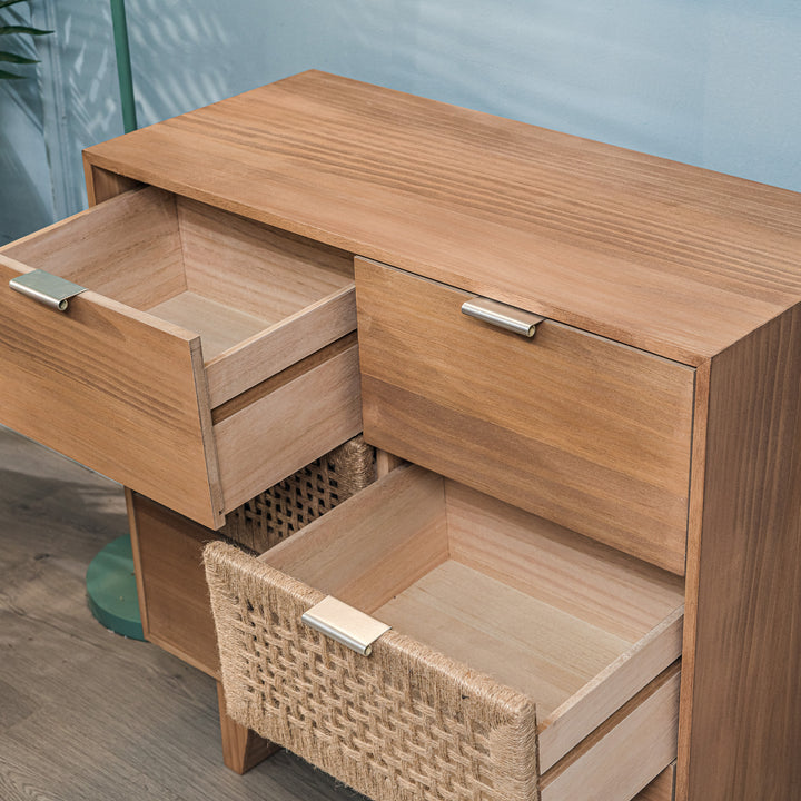 MALAGA kommode med 3 skuffer i træ og naturlig rattan