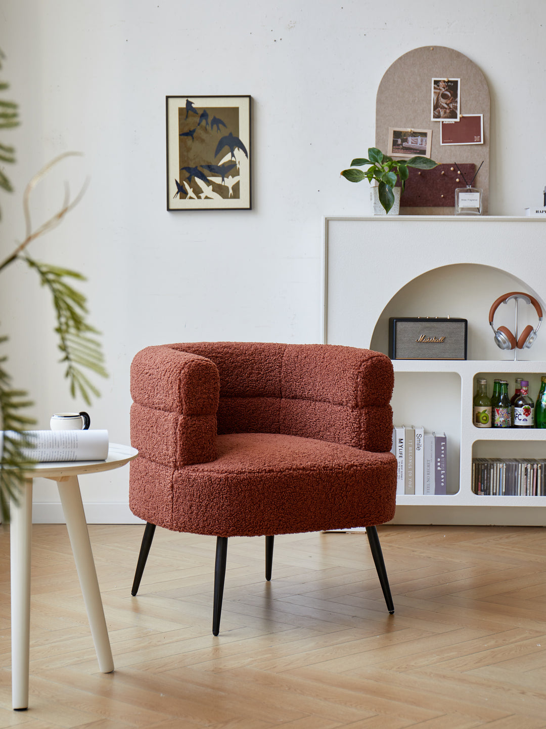 KORGEN Bouclé loungestol i metal og terracotta