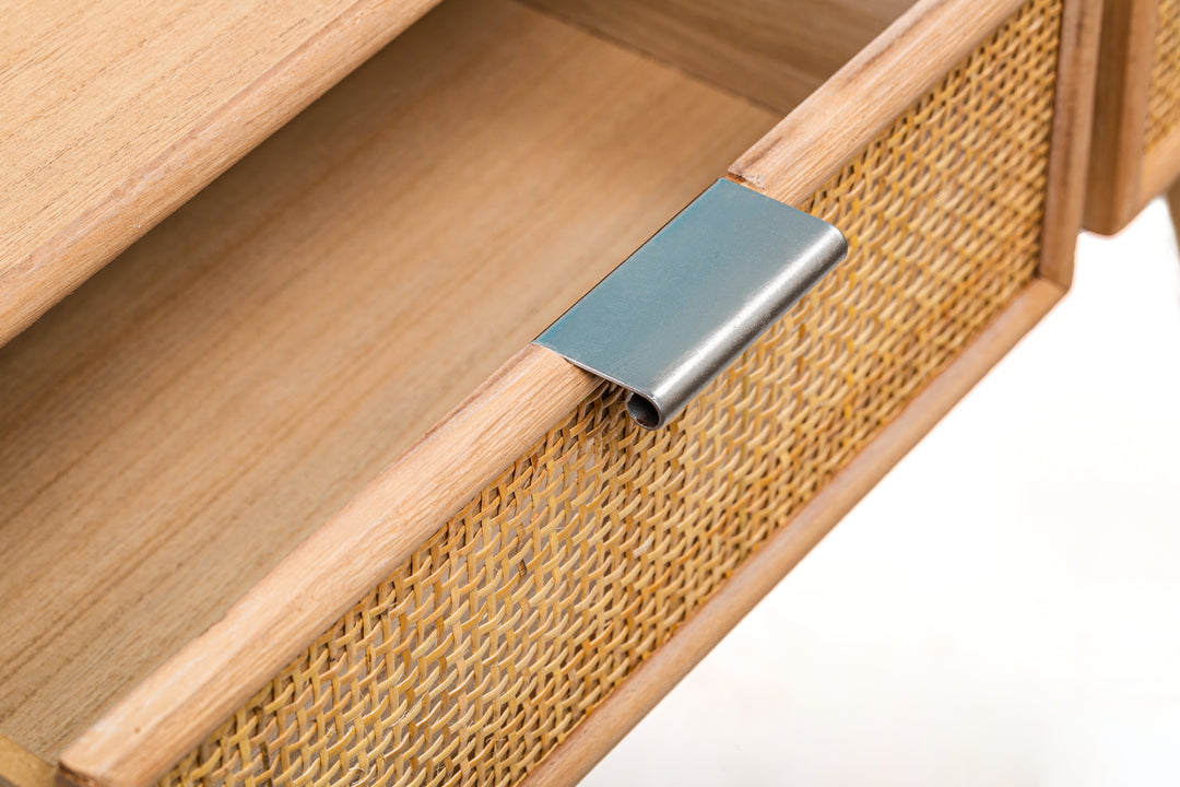 NISHIO konsolbord med 2 skuffer i træ og naturlig rattan