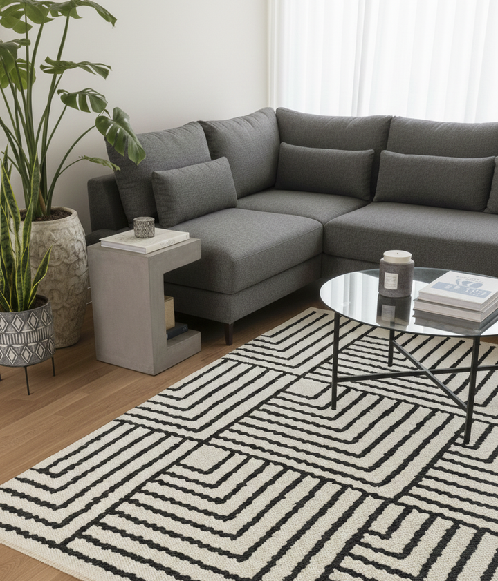 KEVO Rektangulært bomuldstæppe med sorte og beige mønstre 180 x 120 cm