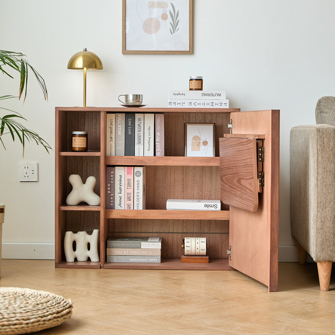 LAPENA Opbevaringsskab i valnød og rattan med skrivebordshylde