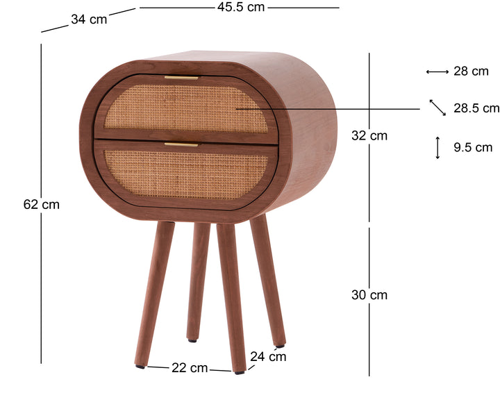 MALIRON natbord med 2 skuffer i træ og naturlig rattan