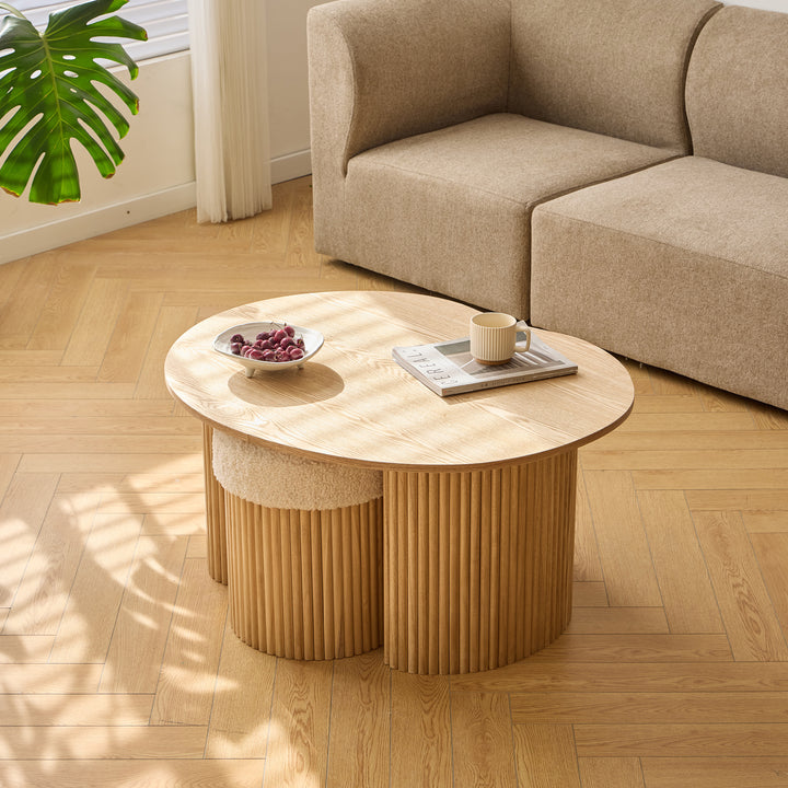 ARVIKA Sofabord i træ og 2 hvide bouclé-fodskamler