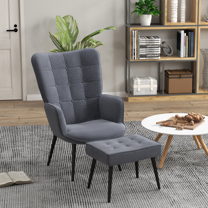 Lænestol med fodskammel, op til 120 kg. knapsøm, mørkegrå