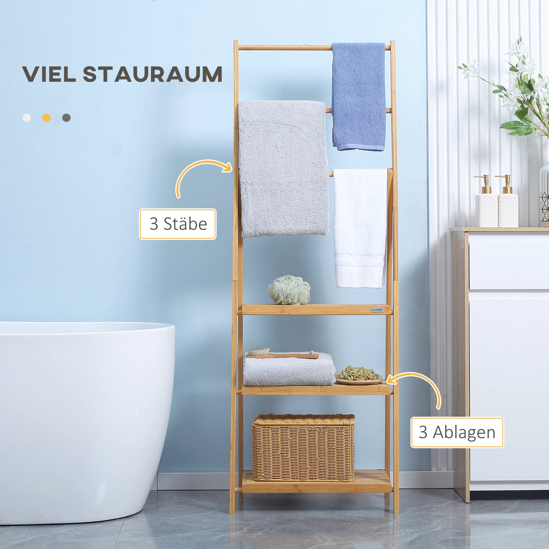 Bambus håndklædestige med hylder, 3 hylder, 3 håndklædestativer, foldbar, 53 cm x 30,5 cm x 152 cm, naturlig