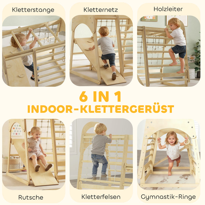 Indendørs klatrestativ, 6-i-1 design, rutsjebane, klatrestave, klatrevæg, stige, klatrenet, alder 3-6, træ