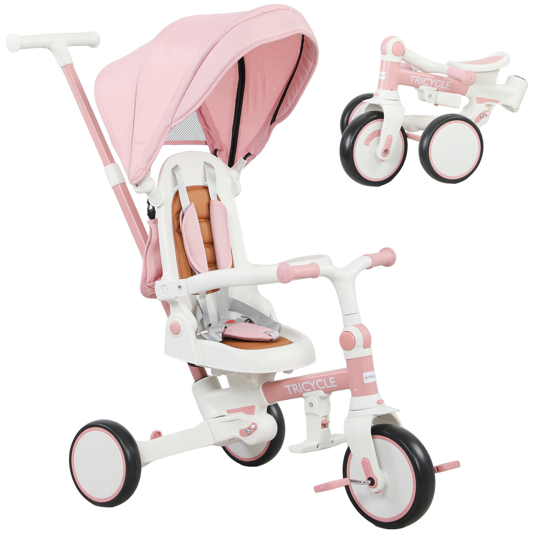 Børnetrecykel, konvertibel babyvogn, 5-i-1 design, aftageligt skubbehåndtag, justerbar, sikkerhedssele, opbevaringstaske, 1-3 år, pink