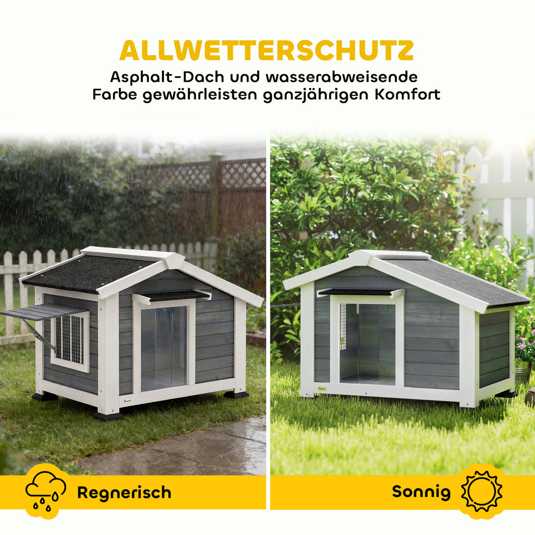 Vejrbestandigt hundehus i træ med aftageligt gulv, asfalttag, vindue der kan åbnes, 98x76x69,5 cm, grå