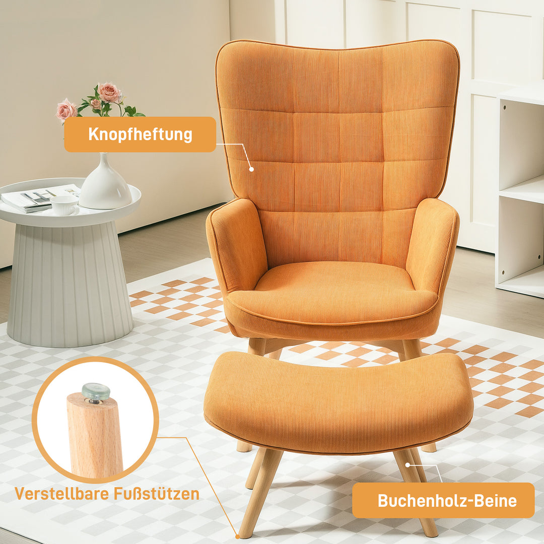 Accentstol med skammel, corduroy-lænestol, lænestol med træben, til stue, brun