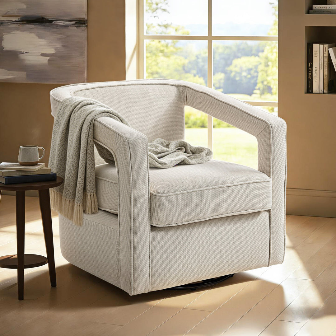 Lænestol til stuen, 360° drejelig loungestol, lænestol med ryglæn og armlæn i ét stykke, 77 x 75 x 72 cm, beige
