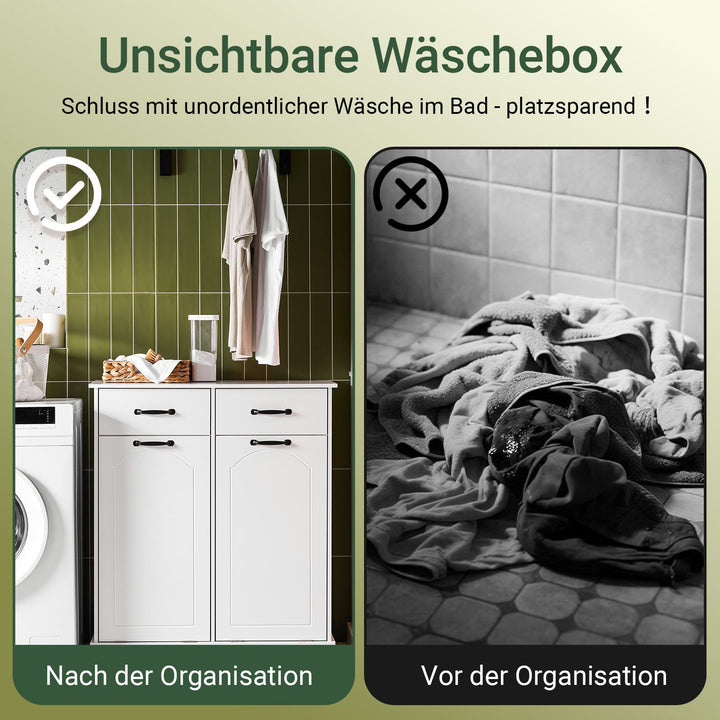 Kommode med indbyggede vasketøjskurve til badeværelset, H90 x B79.5 x D38 cm, hvid