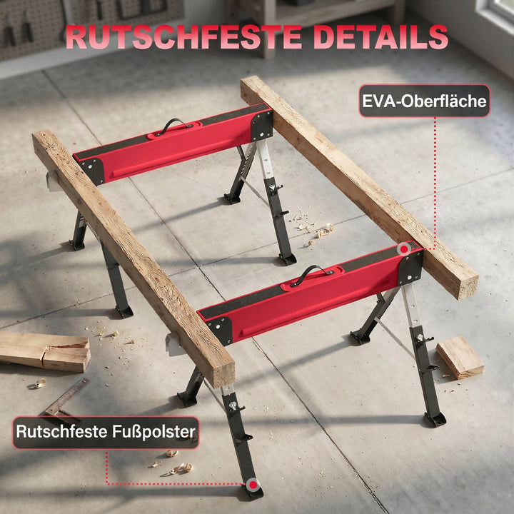 Sæt med 2 foldbare savbukke, lasteevne op til 1160 kg, 7-vejs højdejusterbar (64-81 cm), metal stilladsbukke med håndtag, rød