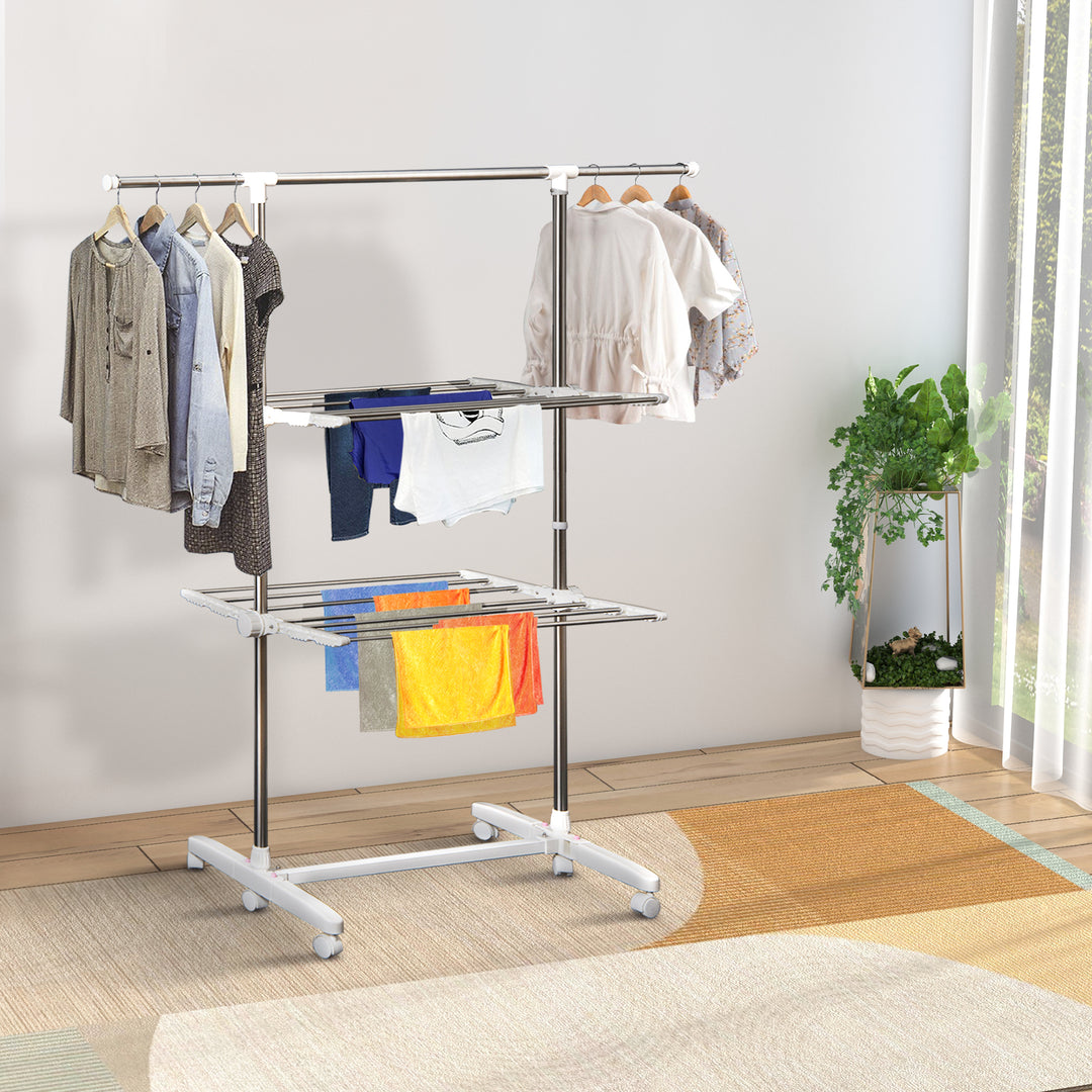 Udtrækkelig tørrestativ med 3 niveauer, foldbare vinger, hjul, indendørs og udendørs tørretumbler, hvid, 83-136,5 x 45,5 x 154 cm