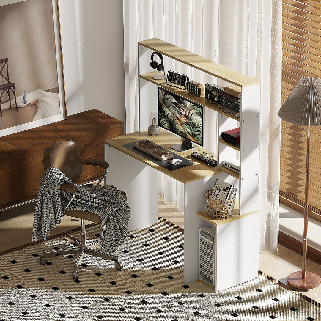 Computerbord med åbne hylder og opbevaringsrum, stål, lysebrun + hvid