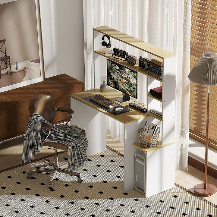 Computerbord med åbne hylder og opbevaringsrum, stål, lysebrun + hvid