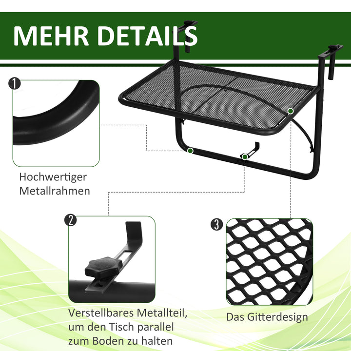 Balkonhængebord, havebord, højdejusterbart, firkantet, terrassebord, metal, sort, L60 x B56,5 x H45 cm