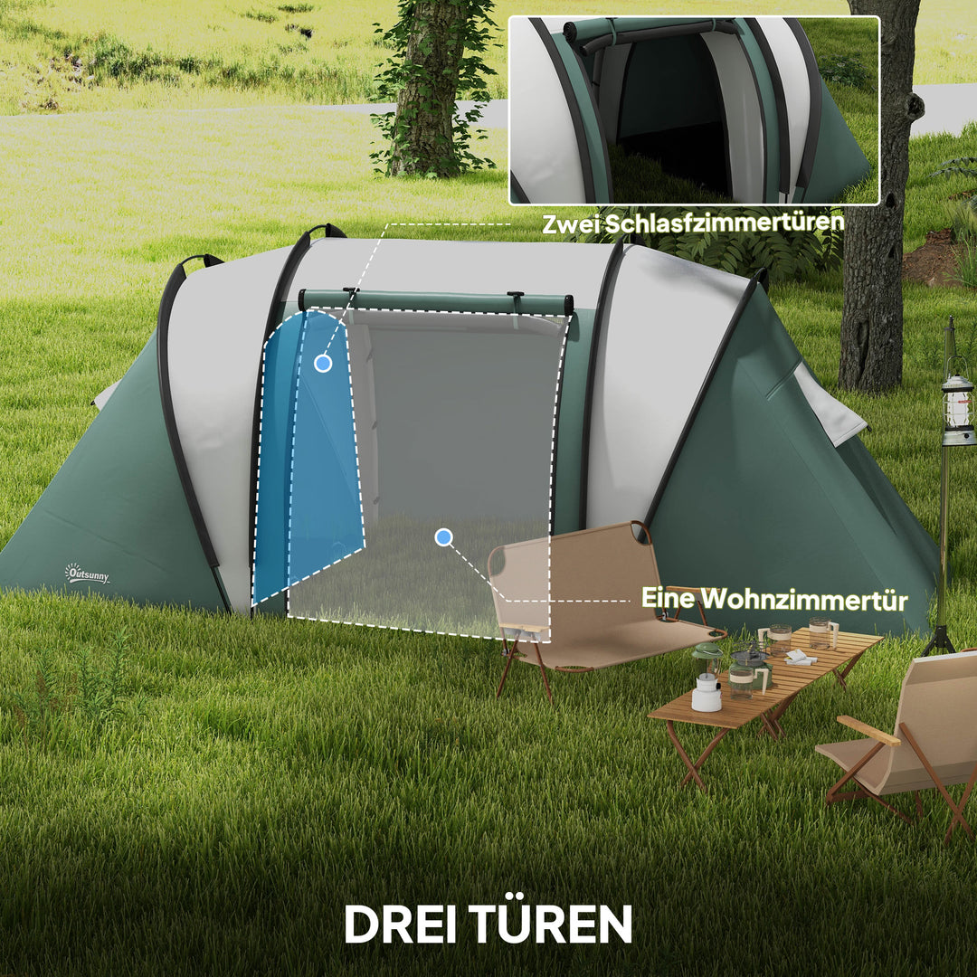 Campingtelt til 4-5 personer, let vandafvisende familietelt med 3 rum, sidedør, vindue, mørkegrøn