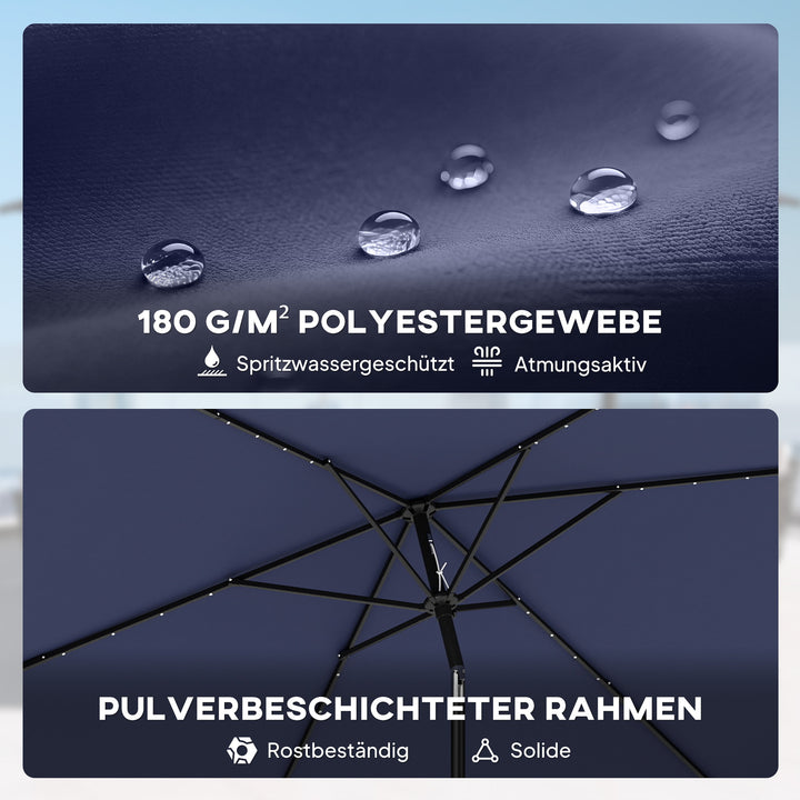 LED solcelleparasol, ca. 300 x 200 cm, vipbar balkonparasol med håndsving, beskyttelsesovertræk, UV-beskyttelse, drejelig, marineblå