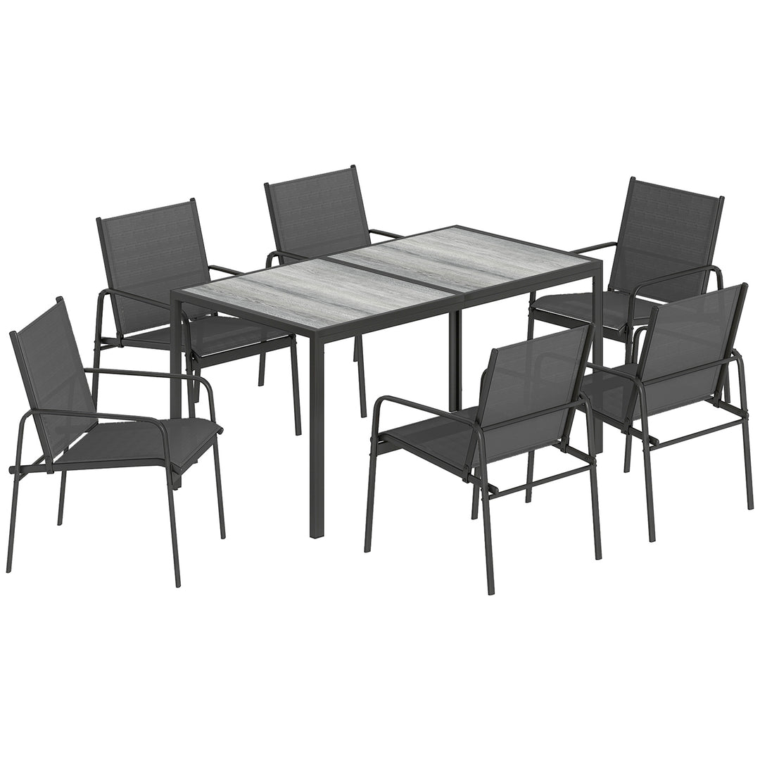 Havemøbelsæt, siddegruppe 150 x 80 cm, bord med 6 åndbare stole, trælook, stålstel, sort