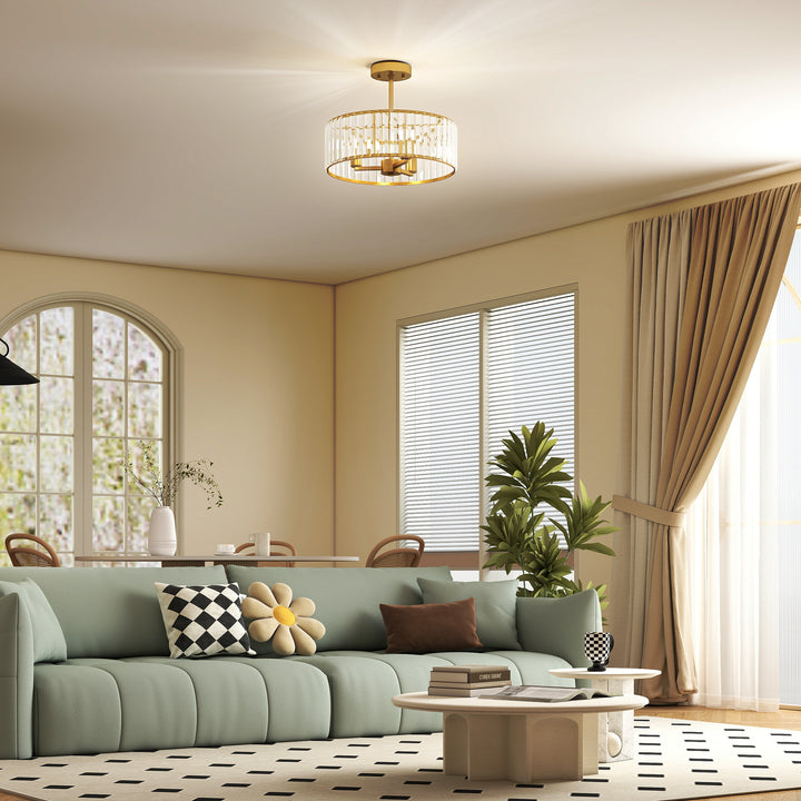 Loftlampe, lysekronedesign, krystalskærm, 3 pærer, metal, guld